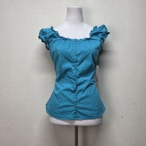 Millenium Teal Fitted Cap Ruffled Sleeves Blue Fitted Cap Sleeve Blouse Size14